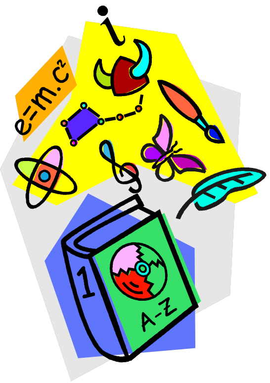 Colorful illustration of a book labeled "A-Z" with floating icons representing science, art, music, and learning symbols.