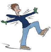 A cartoon man losing balance while ice skating, arms flailing and one leg lifted mid-fall.