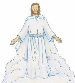 Jesus Christ standing on clouds with arms outstretched, wearing a white robe, depicted in gentle illustrative style.