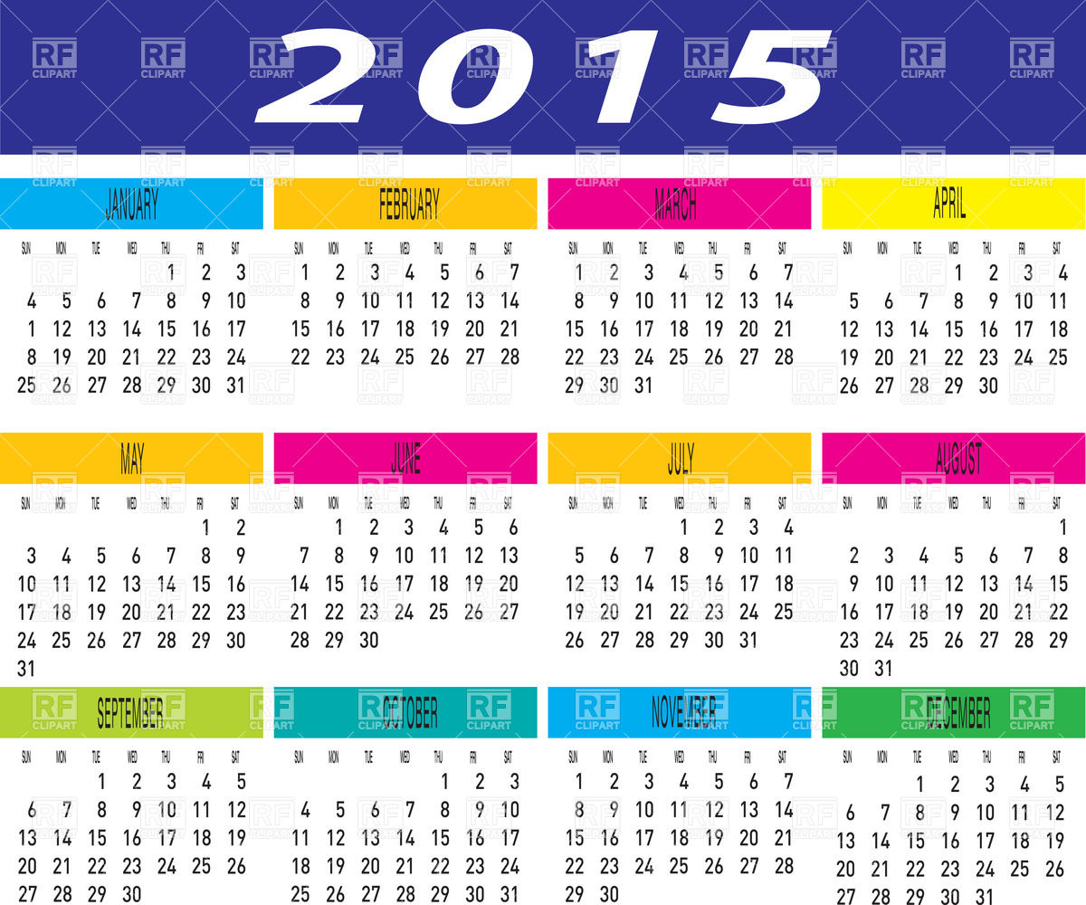 Free Printable 2015 Calendar - Monthly Grid Layout with Vibrant Colors