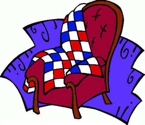 A red armchair draped with a red, white, and blue checkered quilt, set against a decorative purple background.