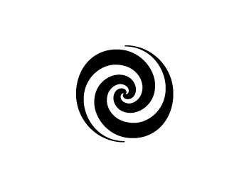 Black and white spiral logo with dynamic swirling motion on white background.