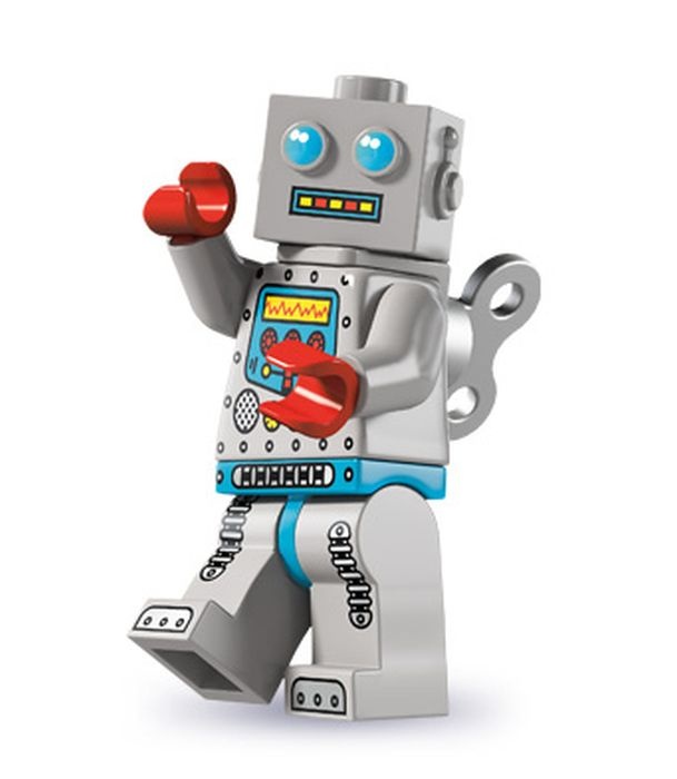 Silver retro-style LEGO robot minifigure with red gloves, blue eyes, and a wind-up key on its back.