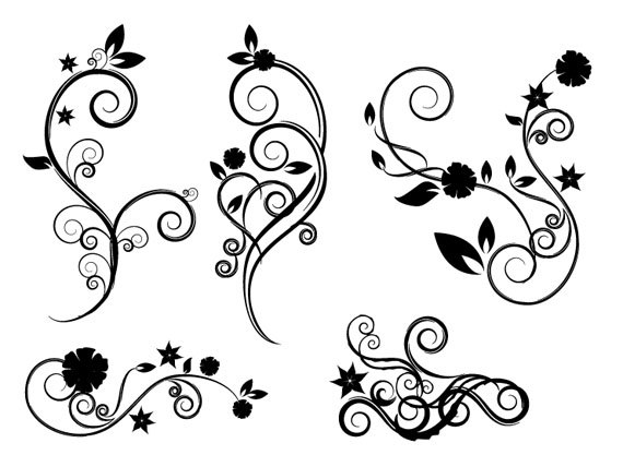 Black-and-white ornamental floral swirls with stars and leaves, ideal for decorative design elements.