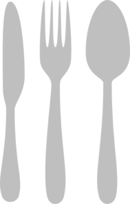 Gray silhouette of a knife, fork, and spoon arranged vertically on black background.