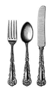 Vintage ornate silverware set-fork, spoon, and knife-with intricate scrollwork handles and polished metal surfaces.