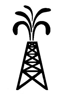 Black-and-white line drawing of an oil derrick with a gusher erupting from the top.
