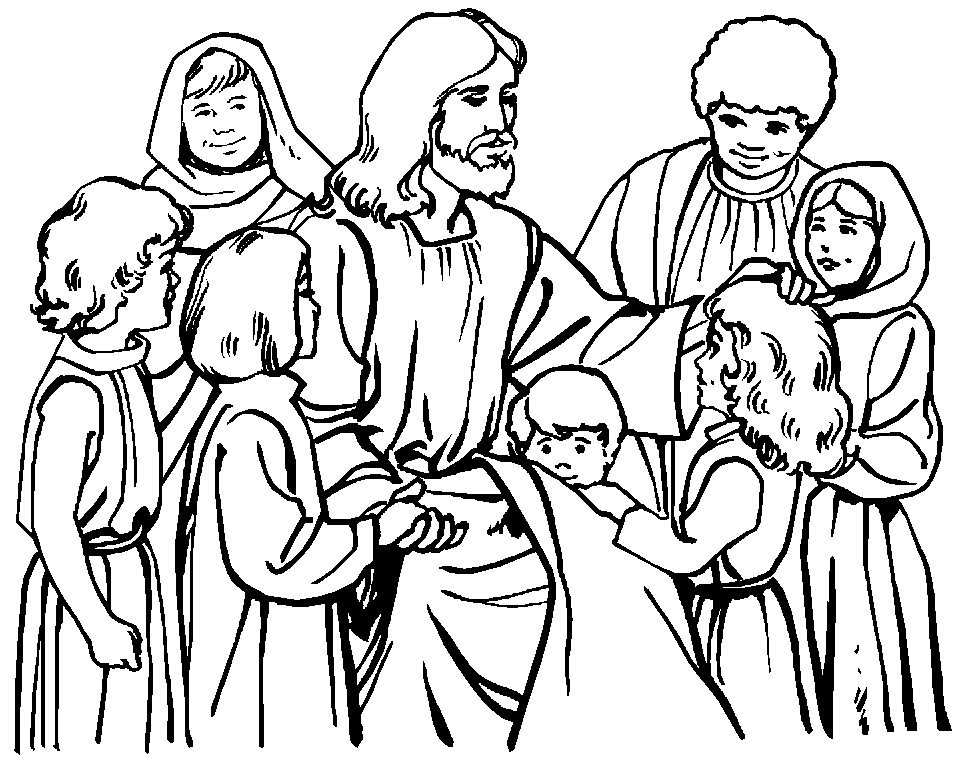 Jesus surrounded by children and adults in a gentle, teaching moment, line drawing style.