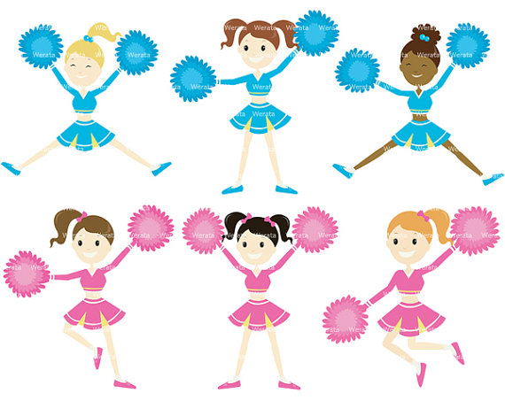 Six cartoon cheerleaders in blue and pink uniforms performing energetic poses with pom-poms.
