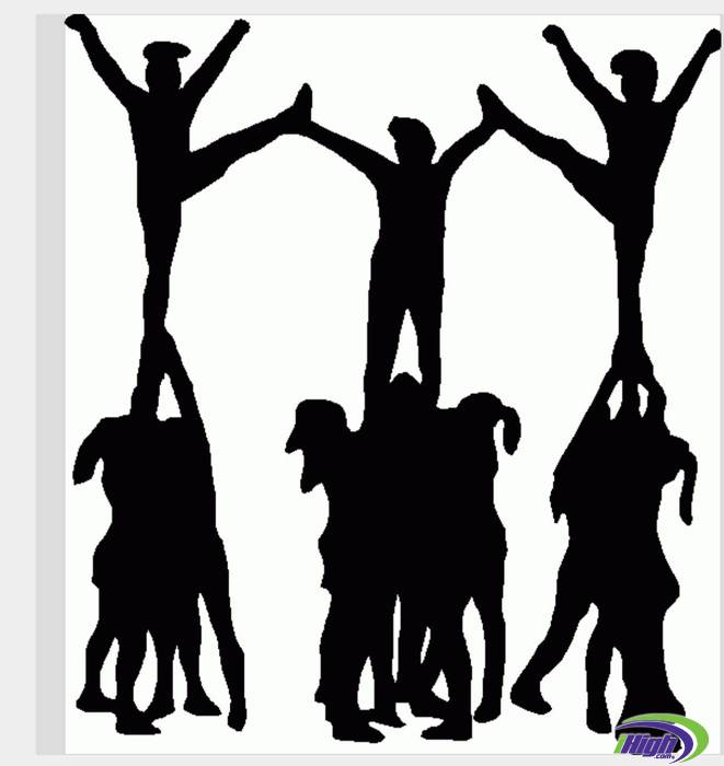 Silhouette of a cheerleading squad performing a pyramid stunt with flyers raised high.