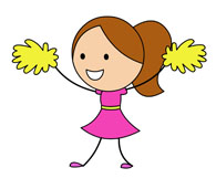 Smiling cartoon cheerleader girl in pink dress holding yellow pom-poms.