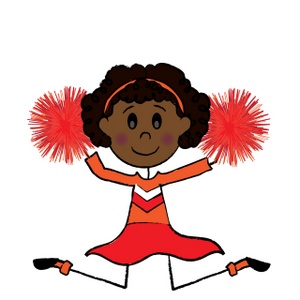 A smiling Black cheerleader with curly hair, wearing an orange and red uniform, holding red pom-poms mid-jump.