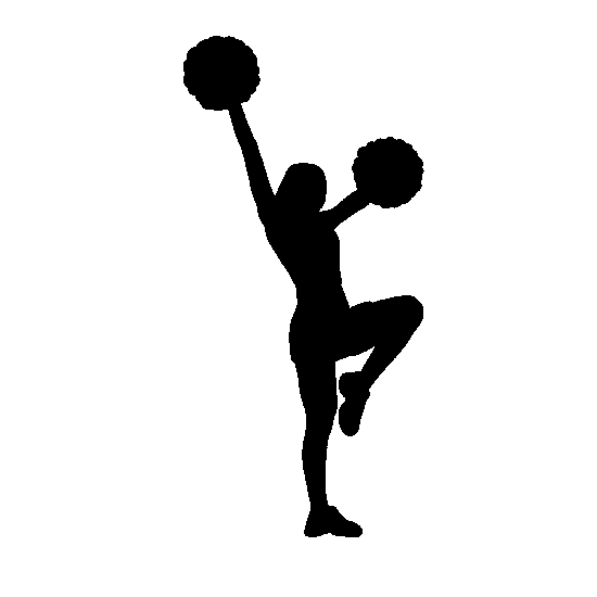 Silhouette of a cheerleader performing a high-energy pose with pom-poms raised, one leg lifted in dynamic motion.