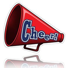 Red megaphone with bold blue "Cheer!" text, glossy finish and white outline, symbolizing enthusiasm and team spirit.