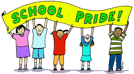 Five diverse children joyfully holding a "SCHOOL PRIDE!" banner.