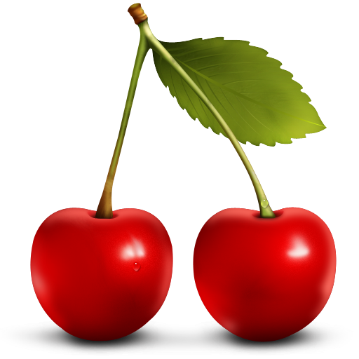 Two glossy red cherries with green stems and a leaf, resting on a reflective surface.