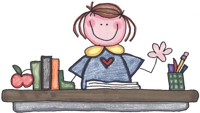 Smiling cartoon teacher at a desk with books, apple, and supplies, waving hello.
