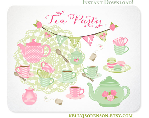 Charming pastel tea party illustration with teapots, cups, macarons, bunting, and lace doily on white background.