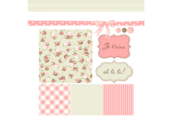 Vintage floral and patterned scrapbook design with French phrases "Je t'aime" and "oh là là!" in pastel pink and cream tones.