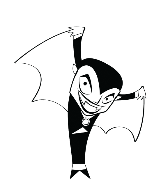 Black-and-white cartoon vampire with bat wings, sharp fangs, and a mischievous grin, posed dynamically mid-flight.