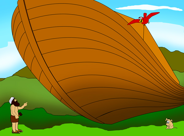 Noah stands beside the massive wooden Ark on a green hill, pointing upward as a red dove flies overhead with an olive branch.