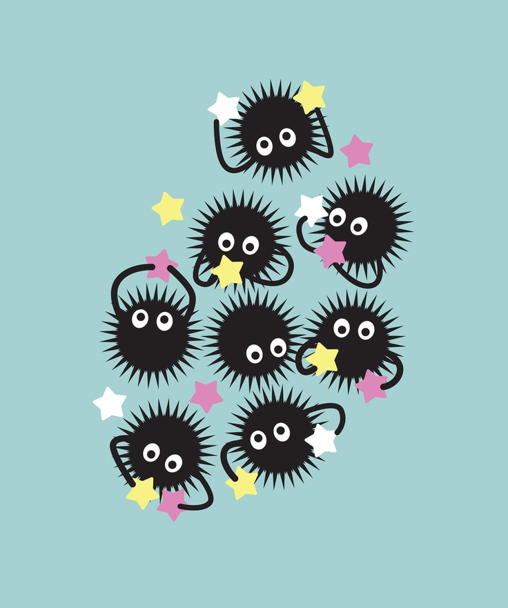 Playful black soot sprites with spiky bodies, big eyes, and colorful stars on a light blue background.
