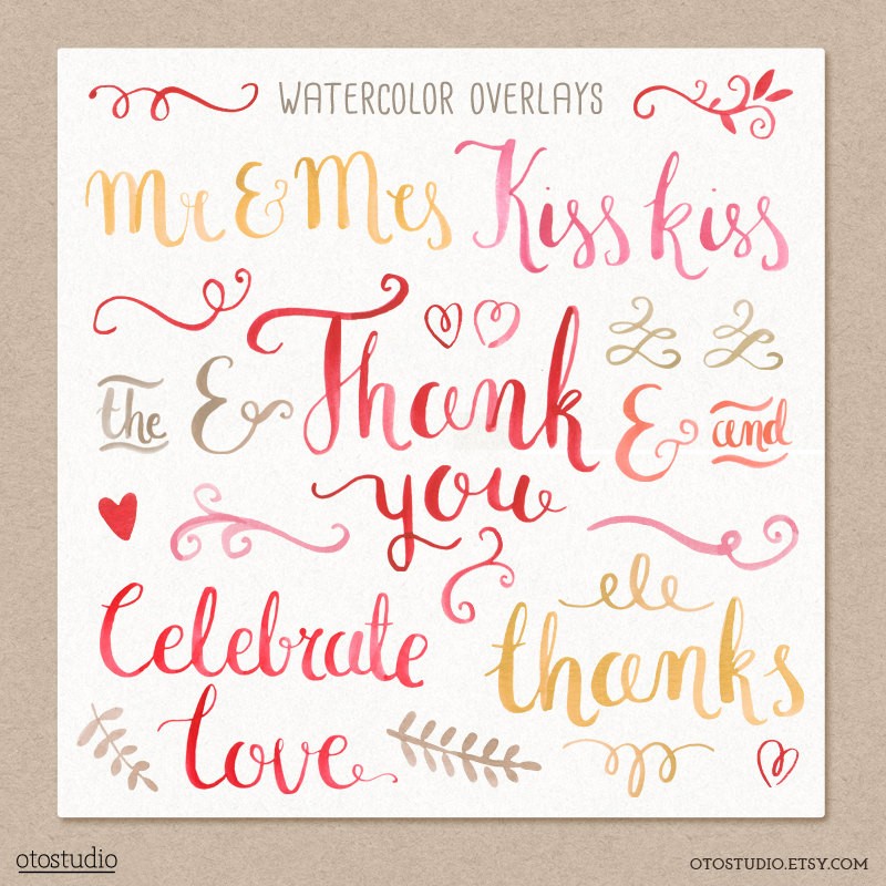 Watercolor wedding and celebration text overlays with "Mr & Mrs", "Kiss kiss", "Thank you", and decorative flourishes in red, pink, gold.