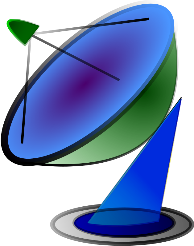 Blue satellite dish with green support structure and signal beam, abstract vector illustration.