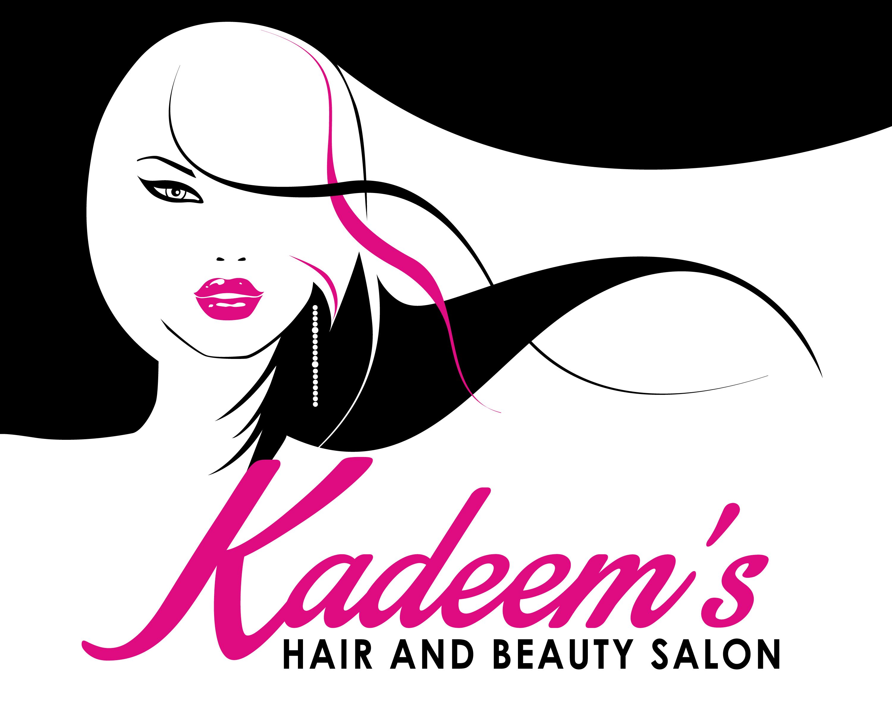 Stylized logo for Kadeem’s Hair and Beauty Salon featuring a woman’s face with bold pink lips, black-and-white hair, and elegant script typography.