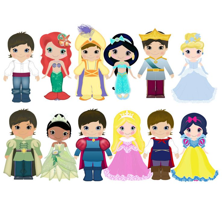 Twelve colorful cartoon Disney-style princesses and princes in iconic costumes, arranged in two rows.