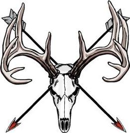 Deer skull with large antlers and two crossed arrows behind it, stylized hunting emblem.