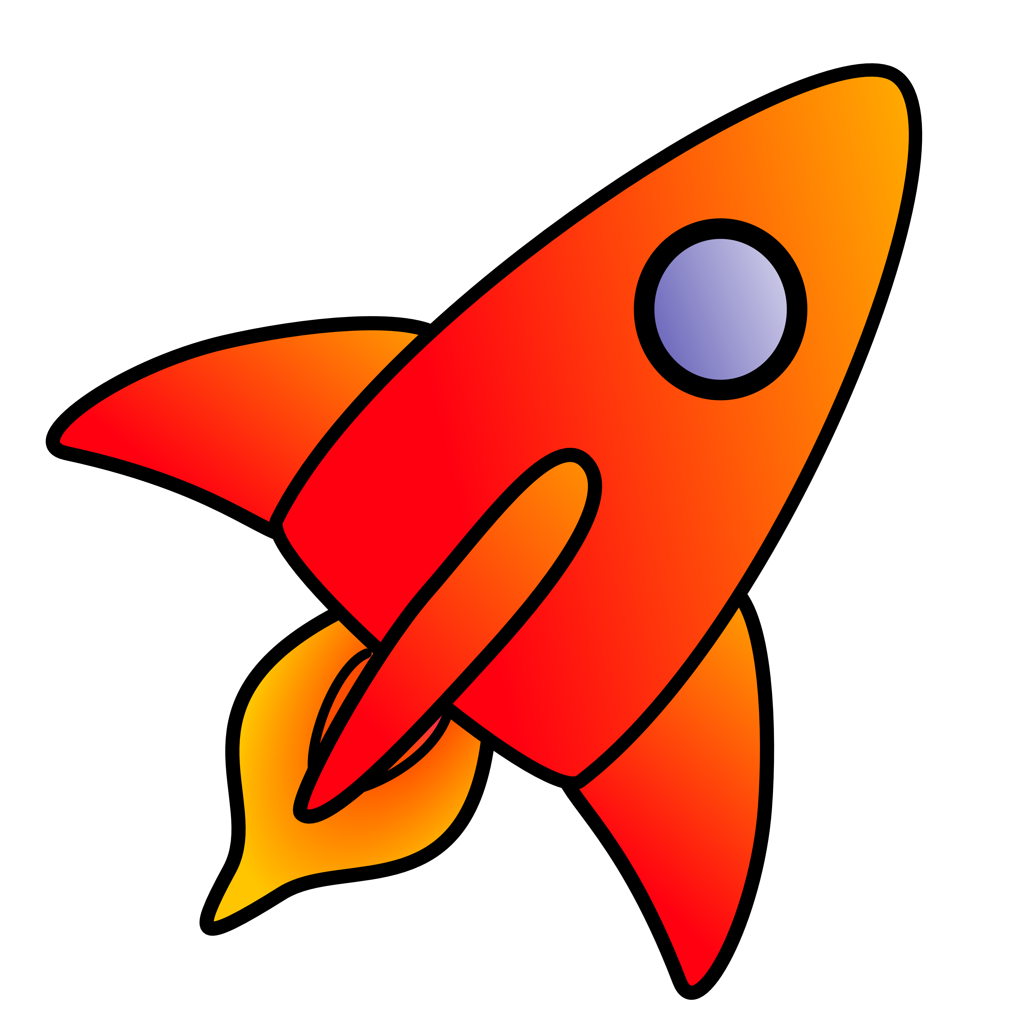 Bright orange and red cartoon rocket with purple window, launching upward with flame exhaust.