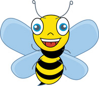 Friendly cartoon bee with big eyes, smiling face, and striped yellow-black body against white background.