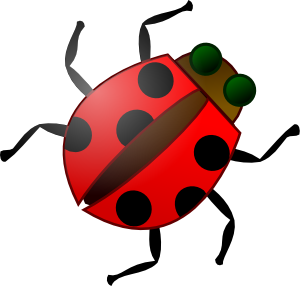 Bright red ladybug with black spots, green eyes, and black legs on white background.