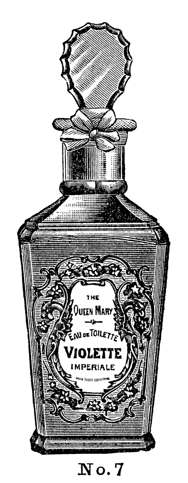 Vintage illustrated perfume bottle labeled "The Queen Mary Violette Imperiale" with ornate floral label and ribbon-tied stopper.