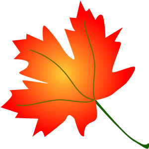 Vibrant red-orange maple leaf with green veins and stem, symbolizing autumn foliage.
