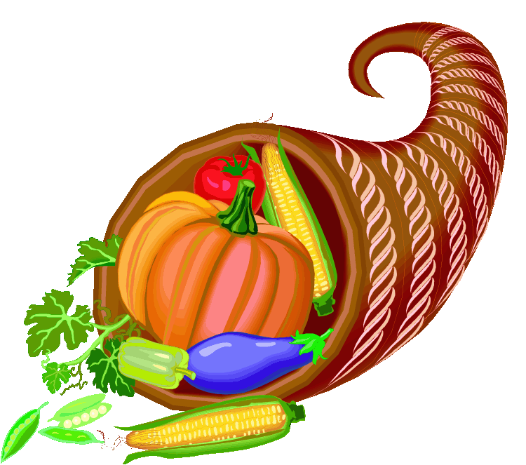 A colorful cornucopia overflowing with autumn harvest including pumpkin, corn, tomato, eggplant, and peas.