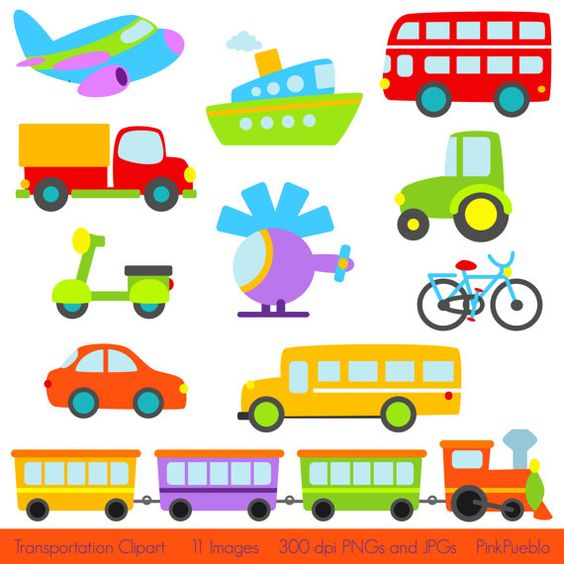 Colorful cartoon transportation vehicles including airplane, bus, truck, train, car, bicycle, helicopter, scooter, boat, and tractor.