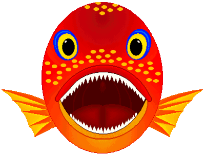 Bright red cartoon fish with wide eyes, sharp teeth, and orange fins, mouth open in a playful or fierce expression.