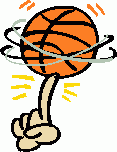 A cartoon hand spinning an orange basketball on a fingertip with motion lines and spark effects.