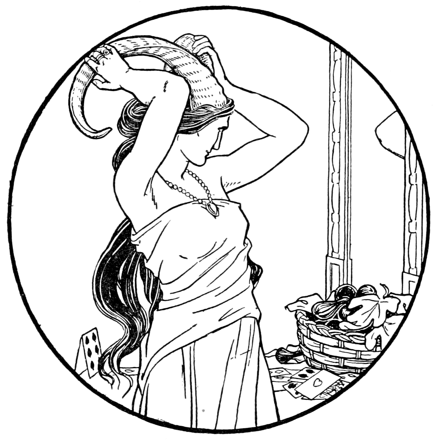 A woman in classical drapery places a horned serpent on her head, surrounded by playing cards and a basket of fruit near a window.