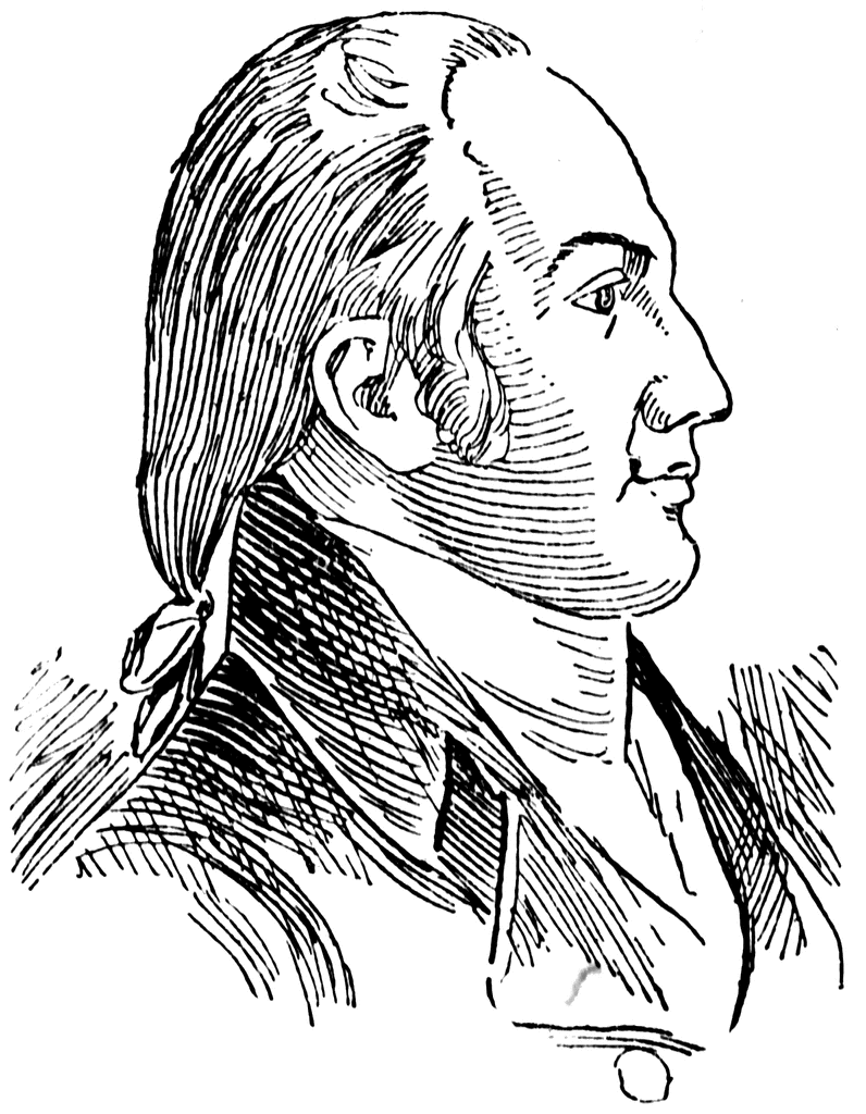 Black-and-white line engraving of a man in 18th-century attire, profile view with powdered hair tied back.
