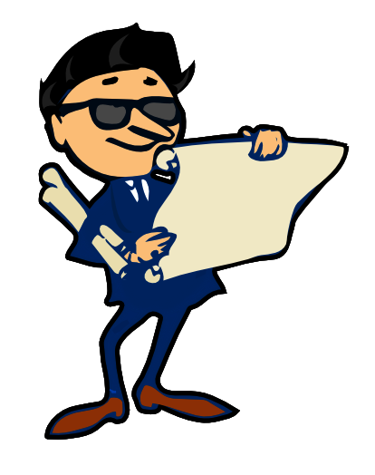 Cartoon businessman in sunglasses holding blueprints and rolled documents, smiling confidently.