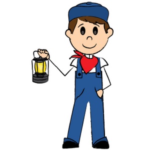 A cheerful cartoon boy in blue overalls, red bandana, and cap holds a glowing yellow lantern.