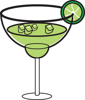Green margarita cocktail in a classic salt-rimmed glass with lime wheel garnish and ice cubes.