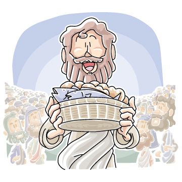 Jesus holding a basket of loaves and fish, surrounded by a crowd, illustrating the miracle of feeding the 5000.