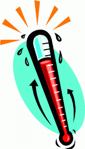 A cartoon thermometer with red mercury rising, sweat drops, and orange heat rays indicating high temperature.