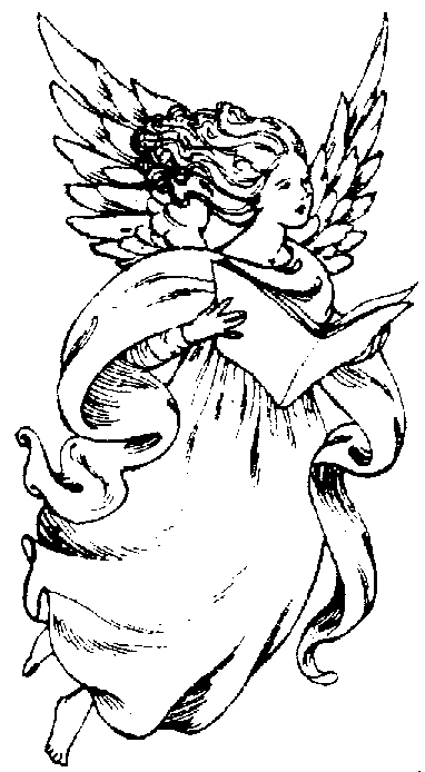Black-and-white line drawing of a winged angel in flowing robes holding an open book, looking upward with serene expression.
