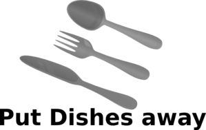 Gray 3D-rendered knife, fork, and spoon arranged diagonally on black background.