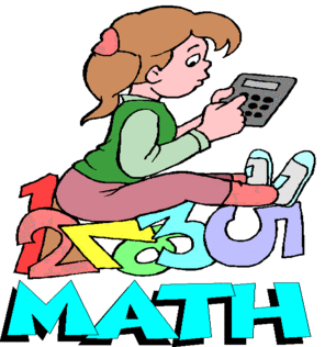 A cartoon girl with a ponytail uses a calculator while sitting on colorful numbers and the word "MATH".